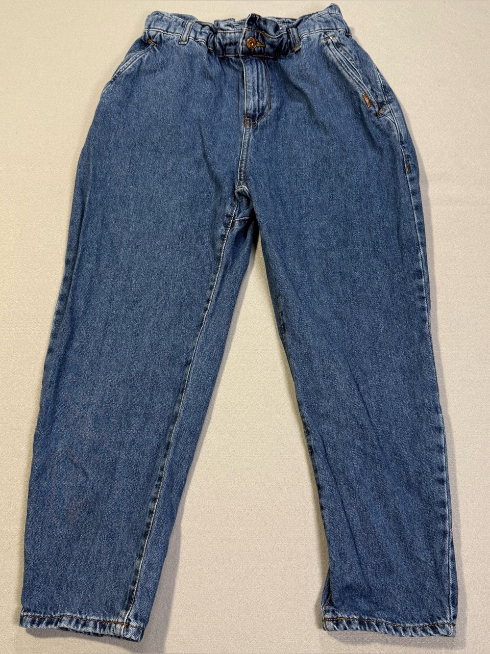 Zara Paperbag Waist Jeans Womens Sz US 6 Blue High Rise Tapered Mom Denim Casual